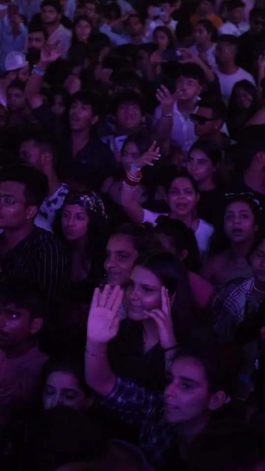 Excited audience singing along at a night concert